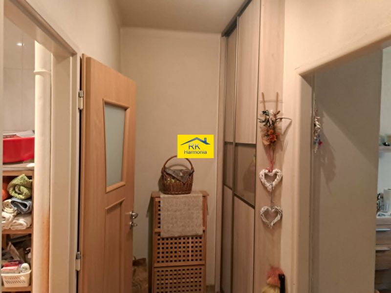 Vstupní chodba s úložným prostorem v 2pokojovém bytě, s dřevěným dekorem.