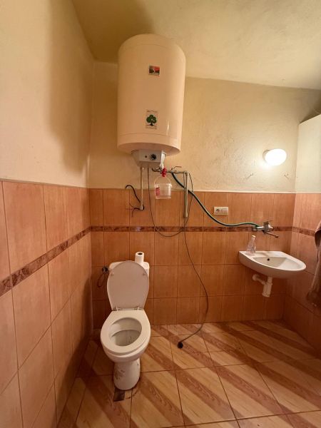 Koupelna s toaletou, ohřívač vody, umyvadlo, podlaha s dřevěným dekorem v rodinném domě.