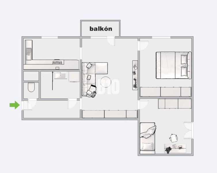 Půdorys 3-pokojového bytu s ložnicí, obývacím pokojem, kuchyní a balkonem.