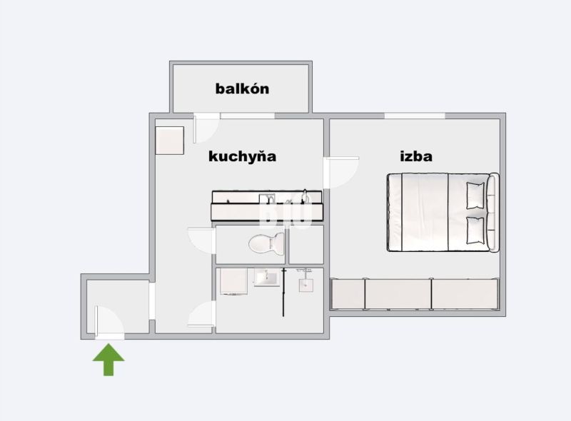 Půdorys 1-pokojového bytu s balkonem a kuchyní.