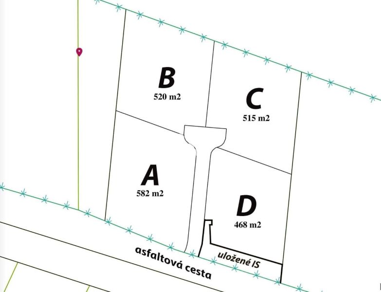 Pozemky pro bydlení v Nových Sadech: čtyři parcely (A, B, C, D) u asfaltové cesty.
