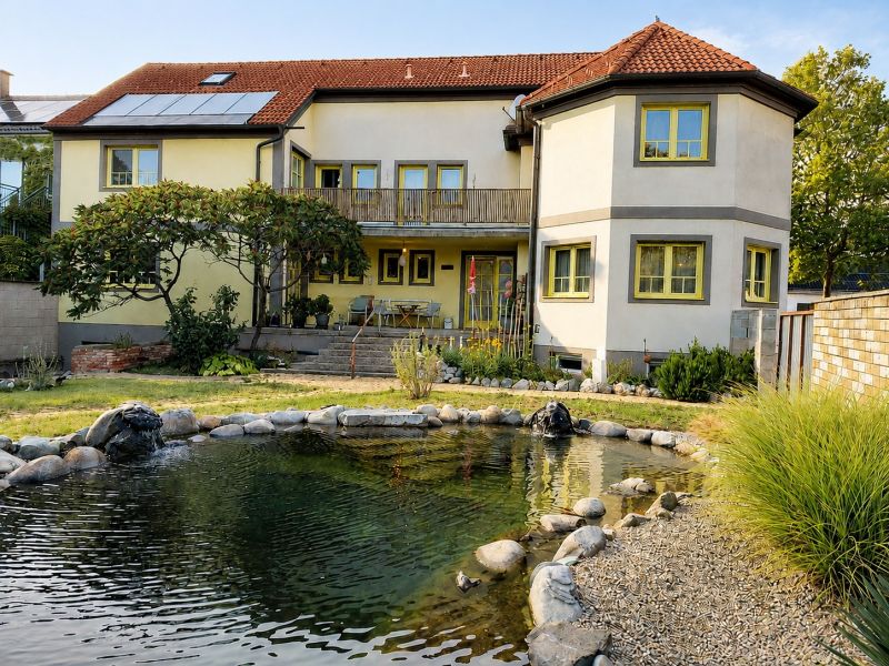 Rodinný dům v Podersdorf am See s velkou zahradou, rybníkem a solárními panely.