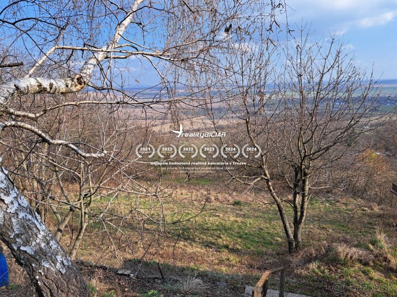 Zahrada u chaty v Dolních Orešanech s výhledem na stromy a krajinu.