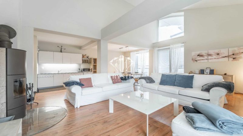 Světlý obývací prostor s krbem, pohovkami, kuchyní a podlahou s dřevěným dekorem v rekreačním apartmánu.