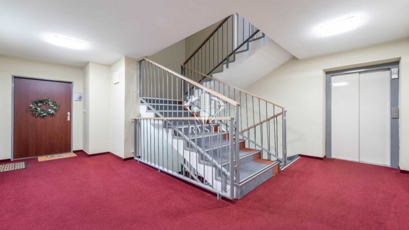 Chodba v rekreačním apartmánu s červeným kobercem, schodištěm a výtahem.