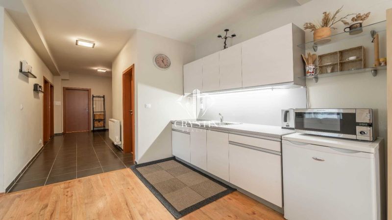 Kuchyňský kout s linkou a mikrovlnkou, podlaha s dřevěným dekorem v rekreačním apartmánu.