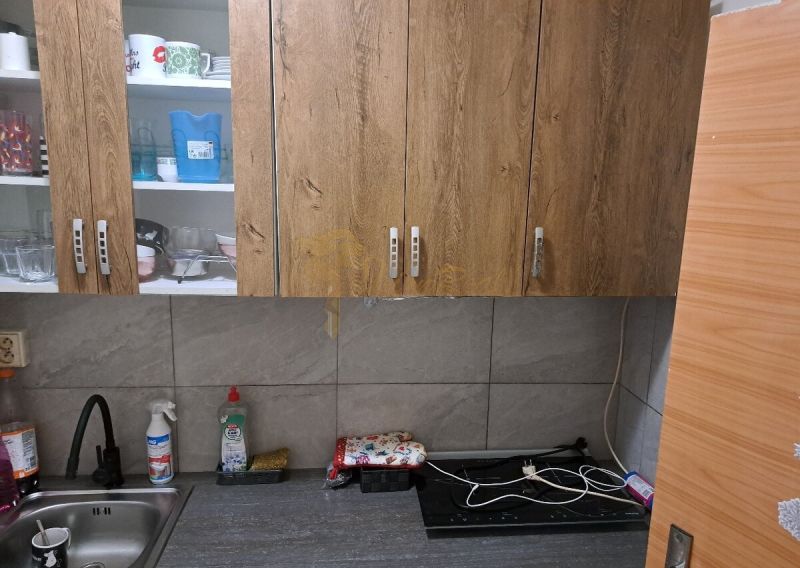Kuchyně s dřevěnými skříňkami, dřezem a pracovní deskou v garsonce.