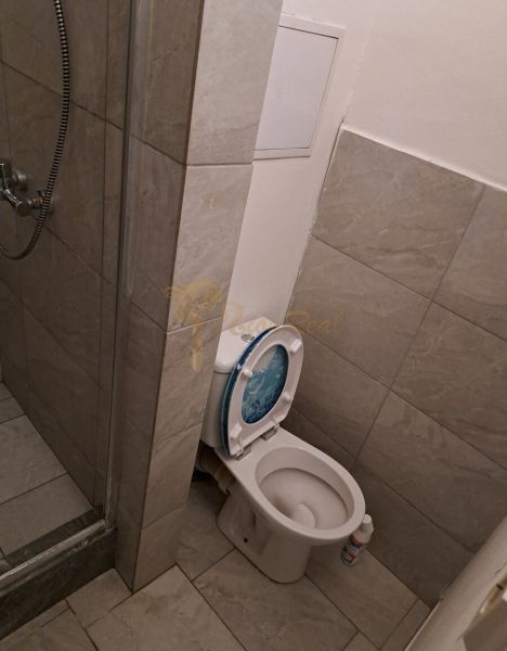 Koupelna s toaletou a sprchovým koutem v garsonce.