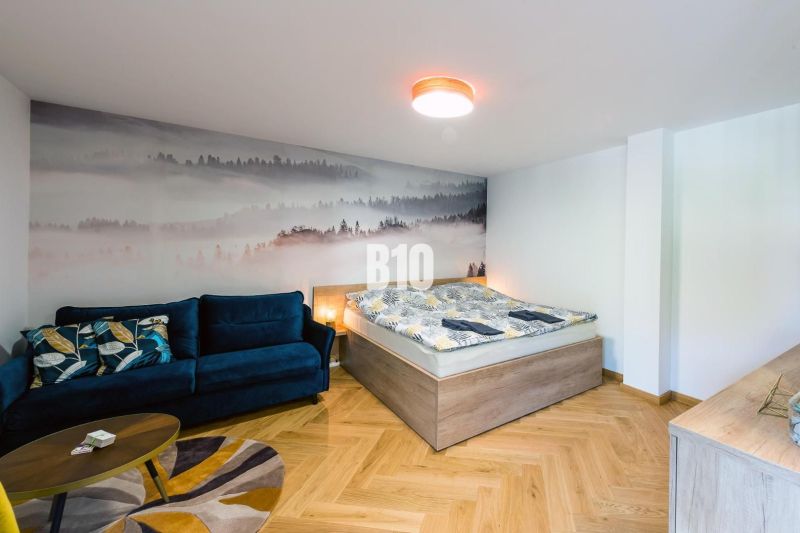 Rekreační apartmán s pohovkou, postelí a podlahou s dřevěným dekorem.
