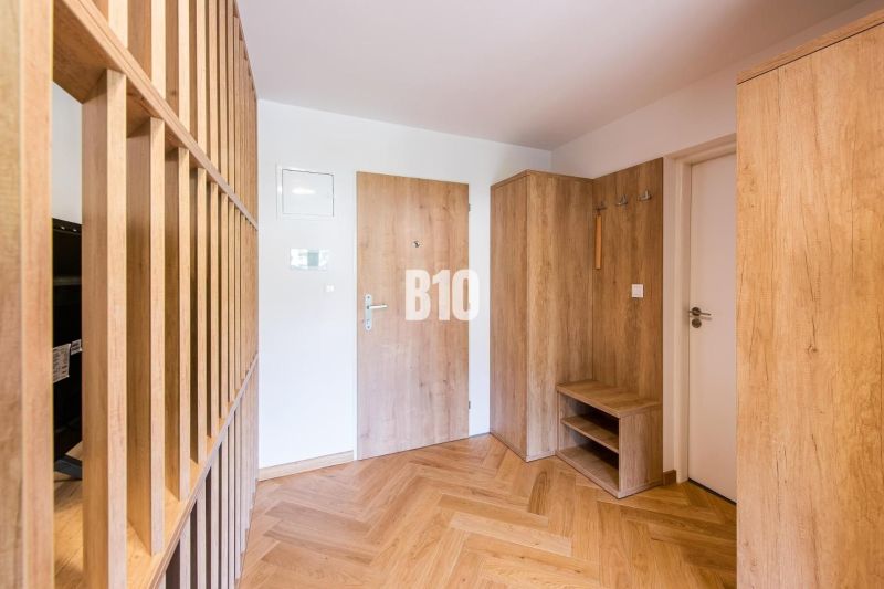 Vstupní hala s dekorem dřeva, dveře a podlaha s dřevěným dekorem v Rekreačním apartmánu.