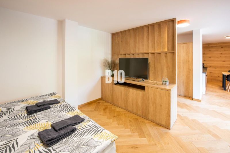Rekreační apartmán s postelí, TV, podlahou s dřevěným dekorem a dřevěným nábytkem.