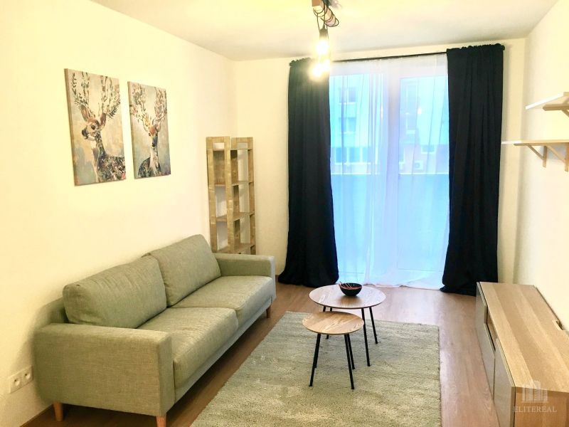 Obývací pokoj v 2-pokojovém bytě s pohovkou a stolky na podlaze s dřevěným dekorem.