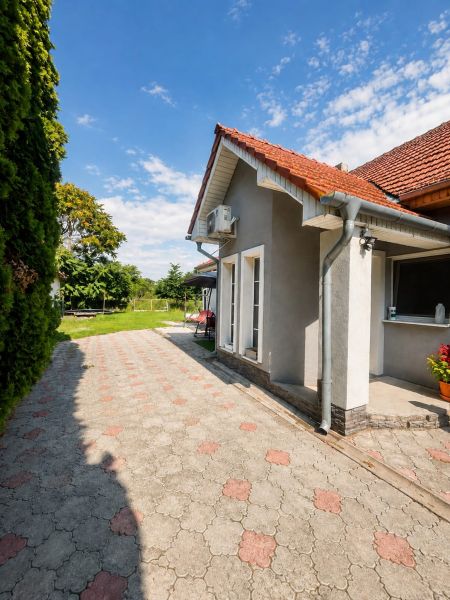 Rodinný dům v Selicích s terasovými dlaždicemi, zahradou a bílými francouzskými okny.
