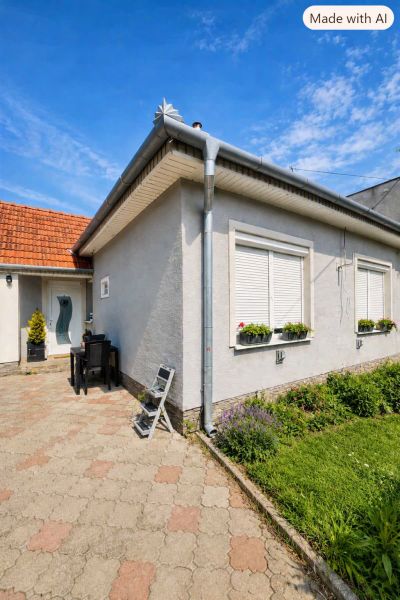 Rodinný dům v Selicích s květinami u oken a dlážděným dvorem.
