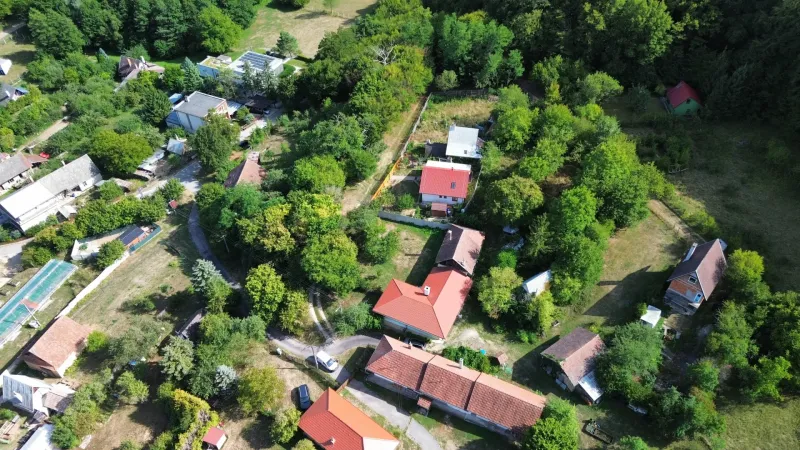 Pohled shora na zelené zahrady v obci Kolačno s okolím domů.