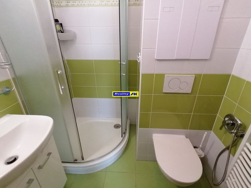 Koupelna se sprchovým koutem a zelenými dlaždicemi v 2-pokojovém bytě.
