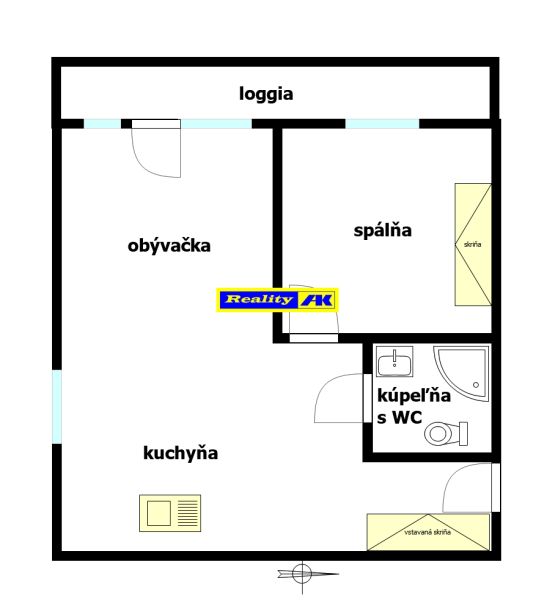 Půdorys 2-pokojového bytu s lodžií, obývacím pokojem, kuchyní a koupelnou s WC.