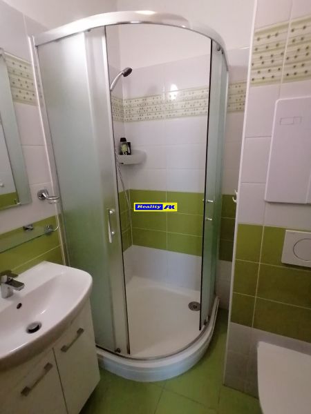 Koupelna se sprchovým koutem a zelenými obklady v 2-pokojovém bytě.