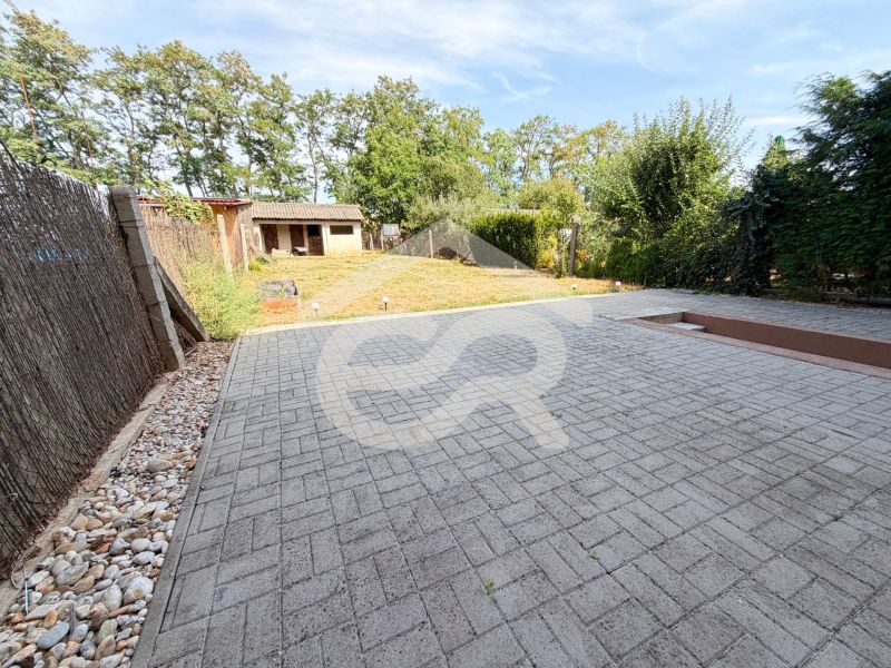 Dvůr rodinného domu na ulici Vajka nad Žitavou ve městě Lúčnica nad Žitavou s trávníkem.