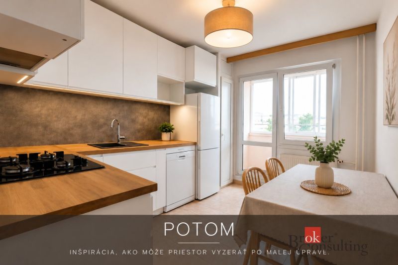 Obývací pokoj v 3-pokojovém bytě s podlahou s dřevěným dekorem a nábytkem ze dřeva.