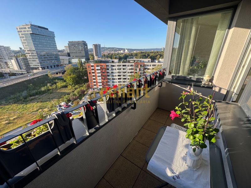 Balkon s rostlinami a výhledem na Bosákovu ulici, Bratislava - Petržalka.