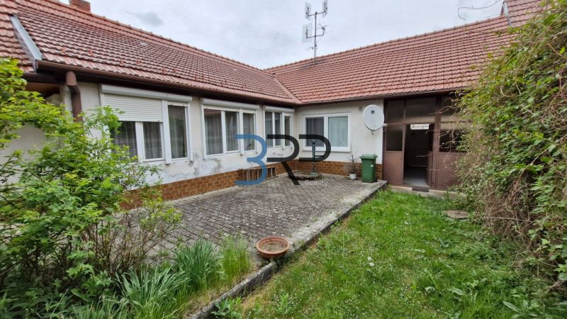 Dvůr rodinného domu v Mokrého Háji s dlážděnou terasou a zahradou.