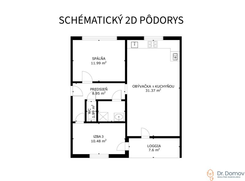 Půdorys 3-pokojového bytu s ložnicí, obývacím pokojem s kuchyní a lodžií.