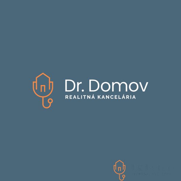 Logo realitní kanceláře Dr. Domov s ověřeným členstvím, stylový design.