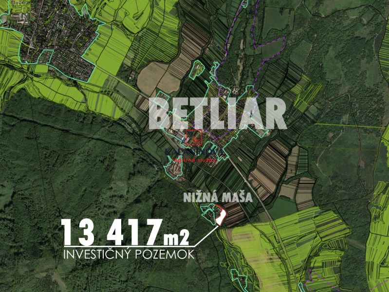 Mapa investičního pozemku o rozloze 13 417 m² v Betliari.