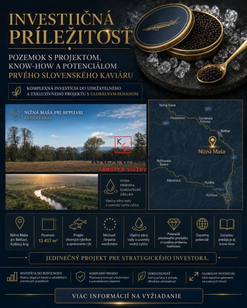 Investiční příležitost v Betliari: Pozemky - komerční s potenciálem prvního slovenského kaviáru.
