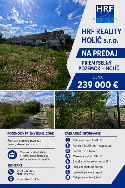 Průmyslový pozemek v Holíči s budovou, oplocením a přístupovou cestou.