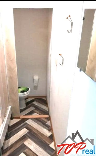 Koupelna s toaletou a podlahou s dřevěným dekorem v 1-pokojovém bytě.
