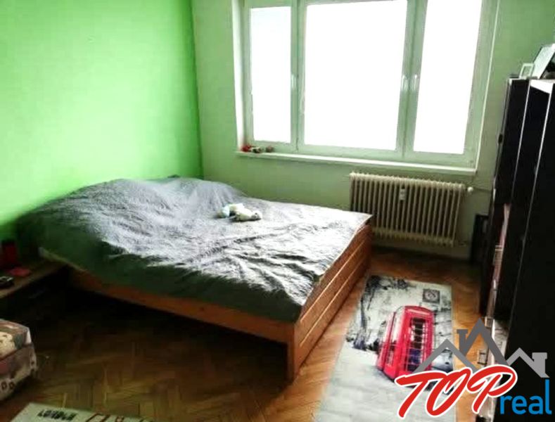 Ložnice v jednopokojovém bytě se zelenou stěnou a podlahou s dřevěným dekorem.