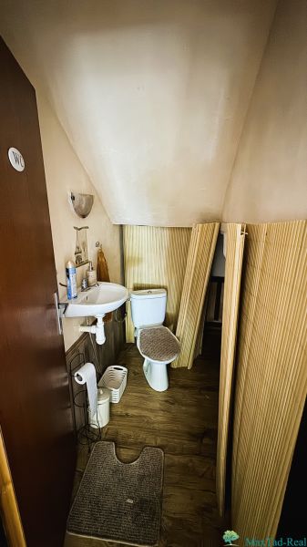 Koupelna s toaletou a umyvadlem, podlaha s dřevěným dekorem, Rodinný dům.