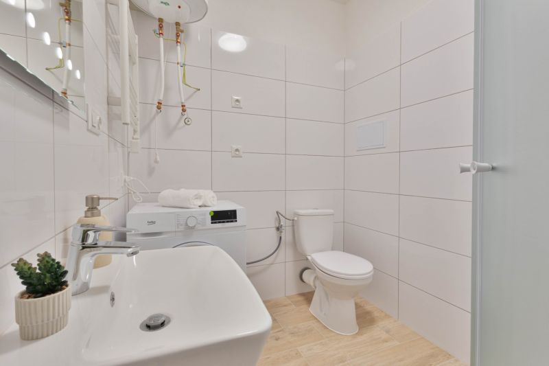 Koupelna v garsonce s pračkou, umyvadlem, toaletou a sprchovým koutem, podlaha s dřevěným dekorem.