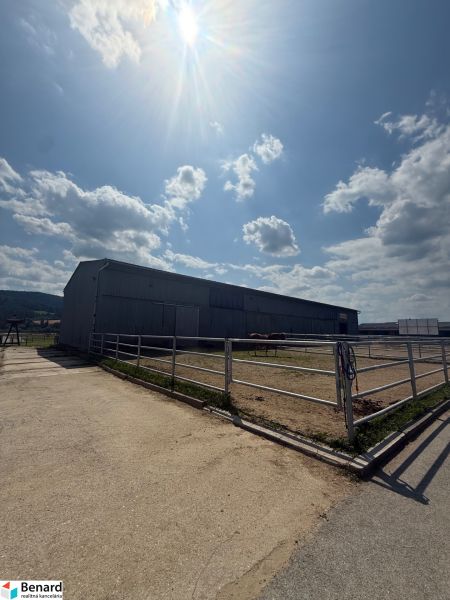 Budova v Hniezdnom, oplocený prostor s koňmi, slunečná obloha, mírně oblačno.