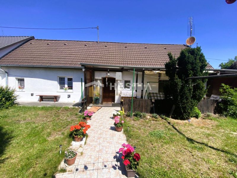 Rodinný dům v Borském Mikuláši se zahradou a květinami v květináčích před verandou.