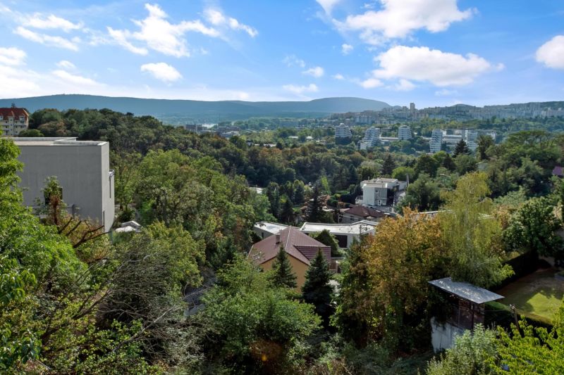Pohled na zalesněné oblasti a budovy v Bratislavě - Staré Město z ulice Bartókova.