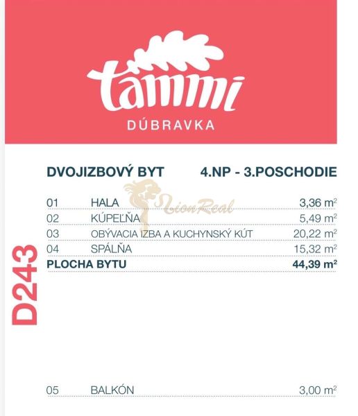 Půdorys dvoupokojového bytu v Dúbravce s výměrou 44,39 m² a balkónem.
