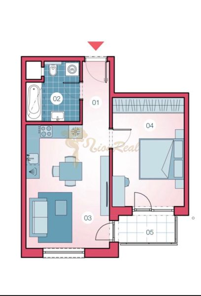 Půdorys 2-pokojového bytu obsahuje koupelnu, kuchyň, obývací pokoj, ložnici a balkon.