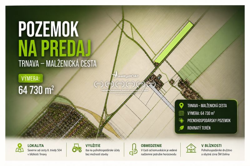 Nabídka prodeje zemědělských pozemků na Malženické cestě v Trnavě, výměra 64 730 m².