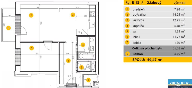 Půdorys 2-pokojového bytu, obsahující kuchyň, pokoj a balkon na Mahulance v Pezinku.