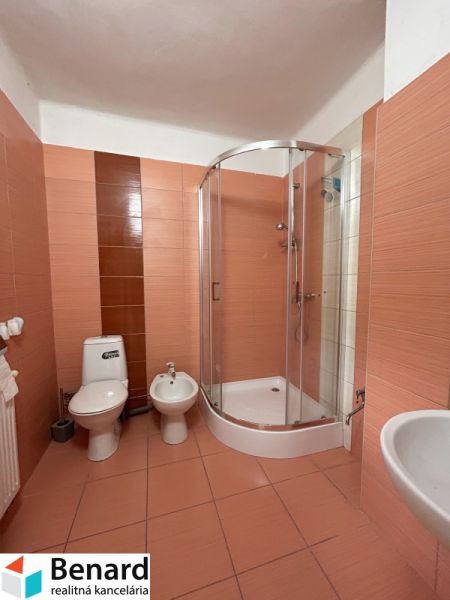 Koupelna v rodinném domě: sprchový kout, toaleta, bidet, obklady v teplých tónech.