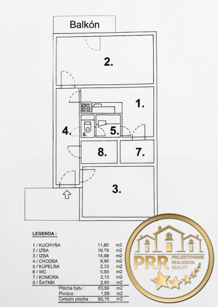 Půdorys 2-pokojového bytu s balkonem, kuchyní a šatníkem na 65,15 m².