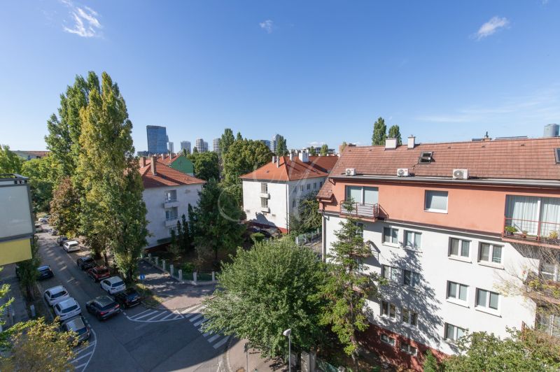 Výhled na obytné budovy a stromy v Bratislavě - Ružinov, Koceľova, slunečný den.