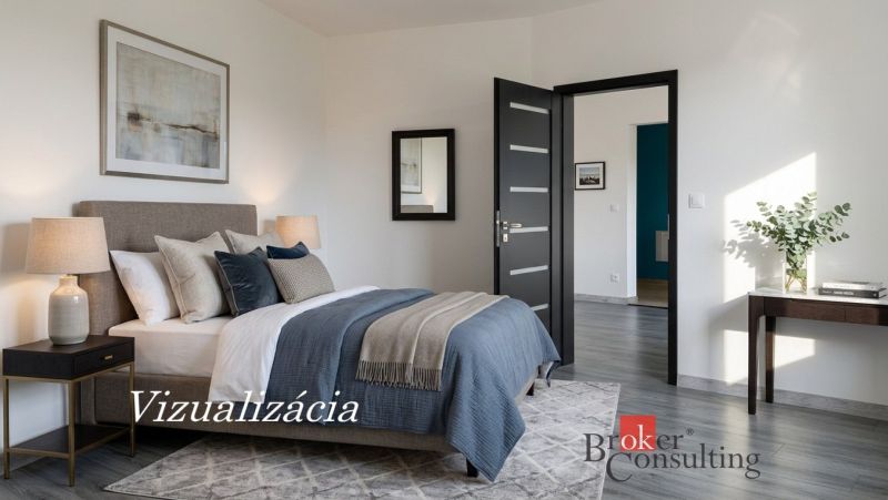 Ložnice s postelí, koberec, lampy a podlaha s dřevěným dekorem v 1-pokojovém bytě.