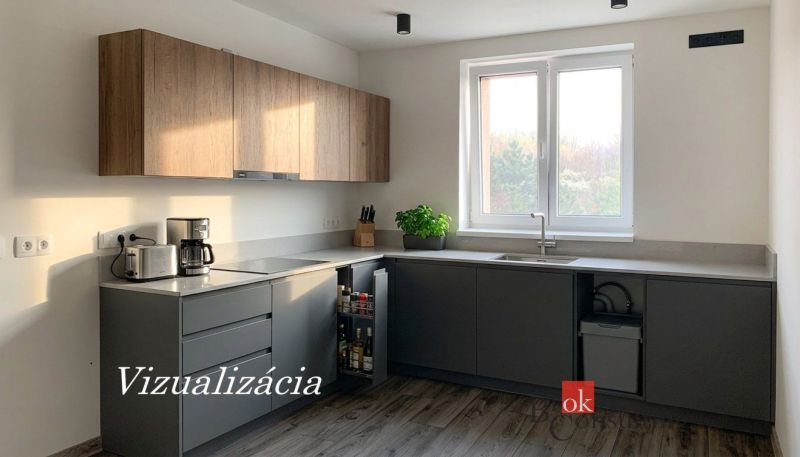 Kuchyně v 1-pokojovém bytě s podlahou s dřevěným dekorem a kuchyňskou linkou.