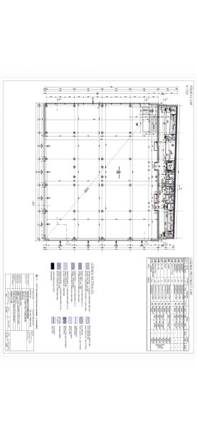 Architektonické schéma obchodních prostor s legendou materiálů a technickými specifikacemi.