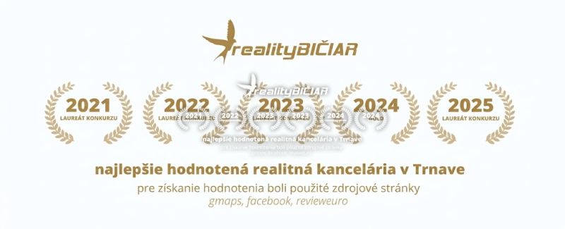 Nejlépe hodnocená realitní kancelář v Trnavě, oceněná v letech 2021-2025.