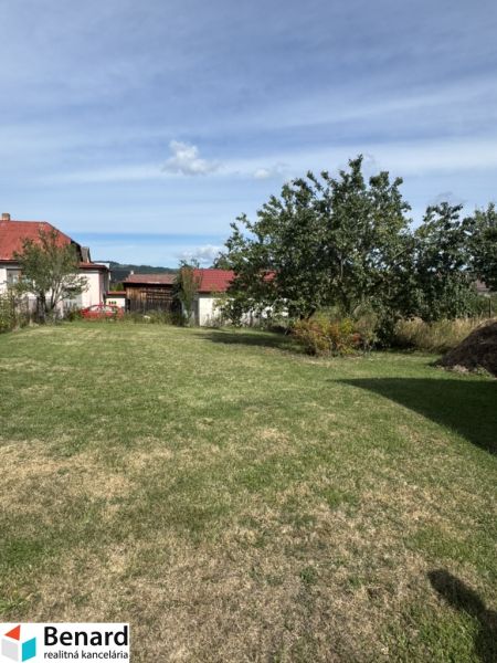 Zahrada před rodinným domem v Plavnici, travnatá plocha a zeleň pod modrou oblohou.
